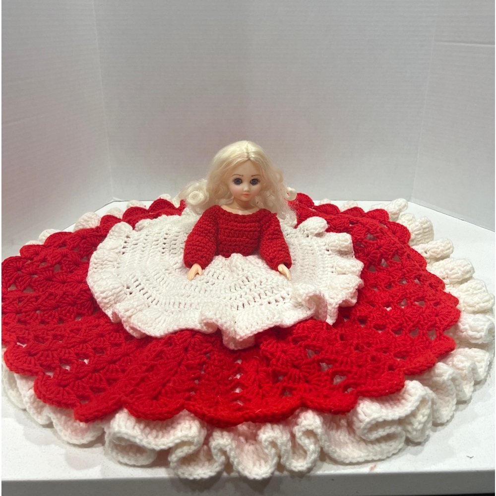 Vintage 14” Bed Doll with Sleepy Eyes , Crotchet Dress 2’ Wide